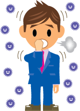 A cartoon man blowing his nose with pollen particles in the air all around him.