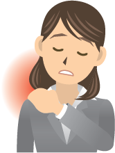 Cartoon woman holding her shoulder and closing her eyes because of pain