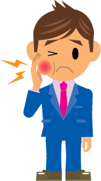 Cartoon man with bright red cheek showing pain in mouth (toothache)